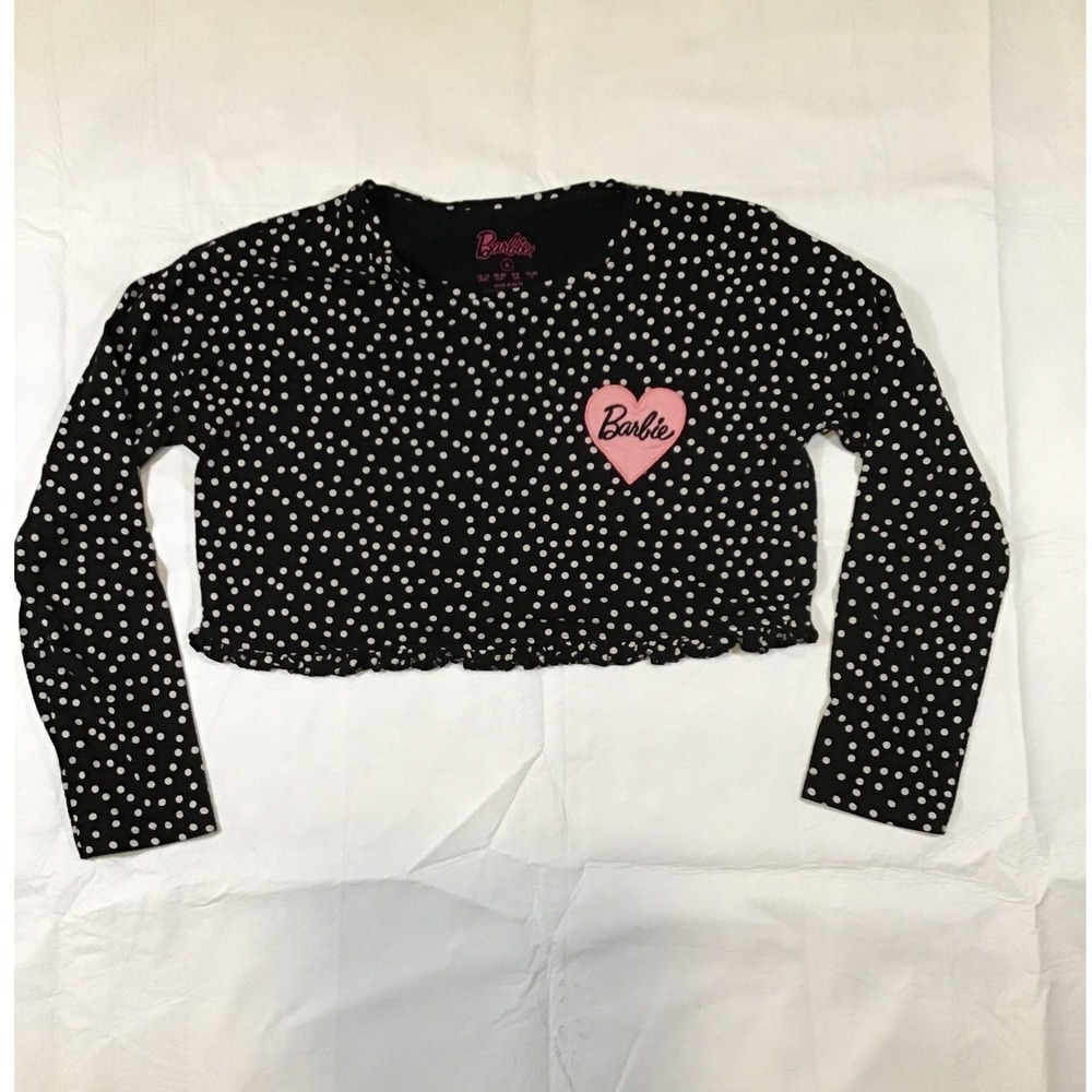 Barbie Black Polka Dot Long Sleeve Crop Top Pink Heart Patch Lettuce Hem Small